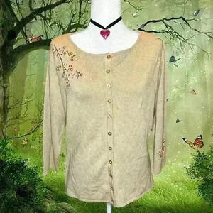 Coquette Beige Floral Embroidered Button Up Sweater By Kathy Ireland